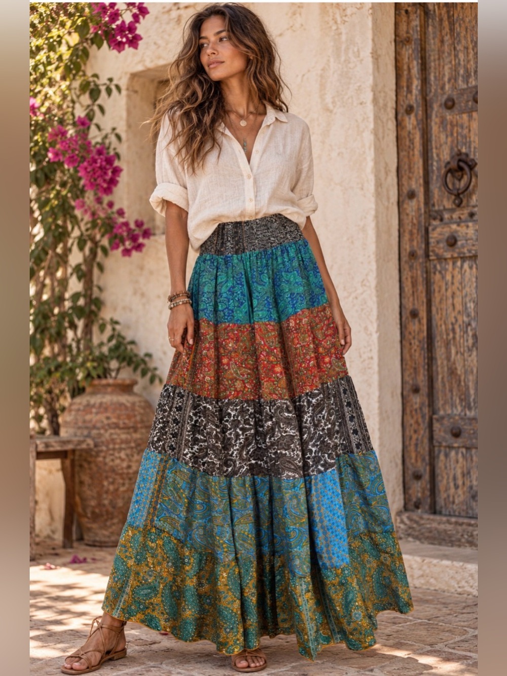 Bohemian Tiered Maxi Skirt in Multicolor Patchwork